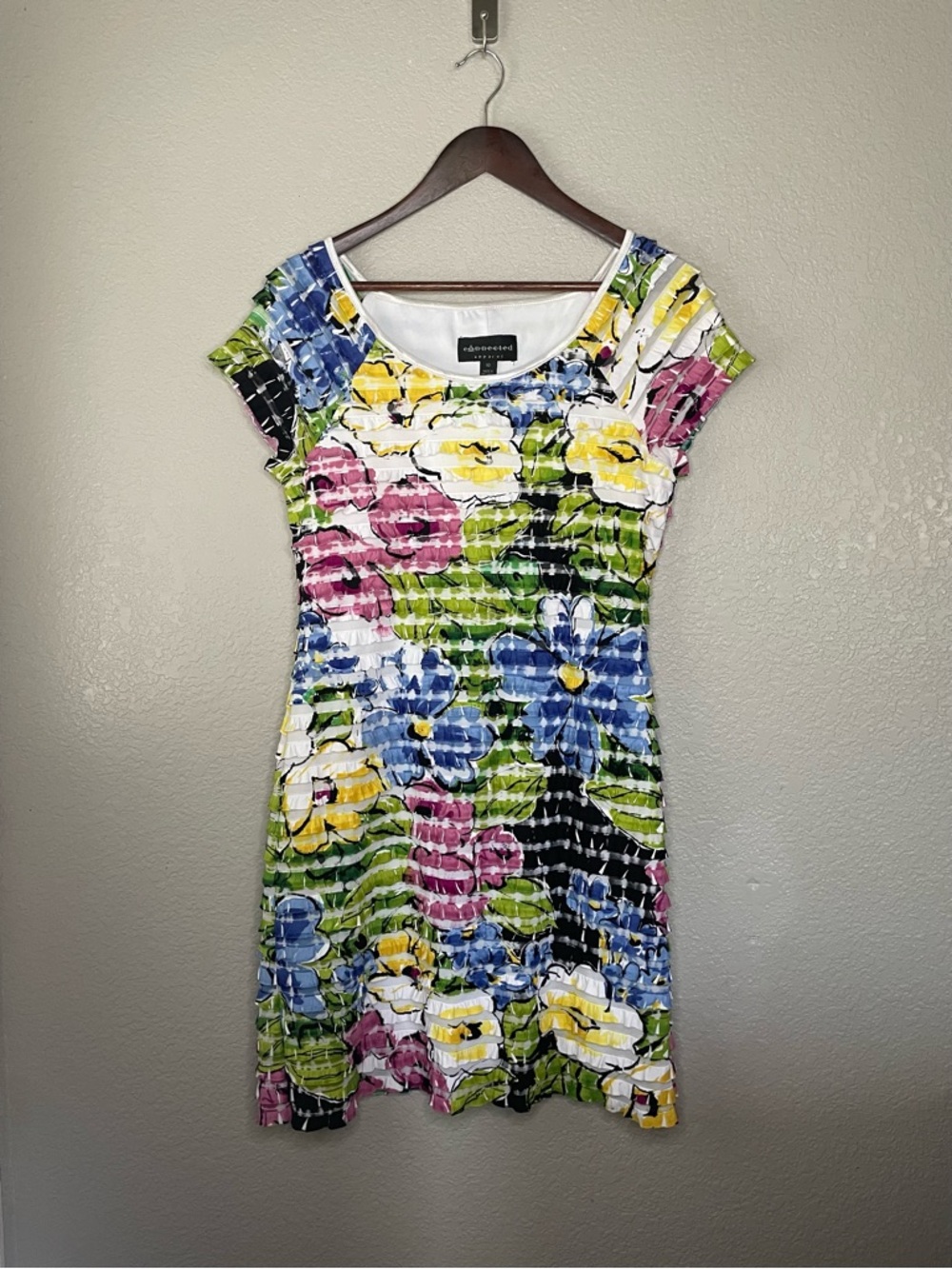 Vintage Y2K Connected Apparel Womens 10 Colorful Floral Ruffle Sheath Dress